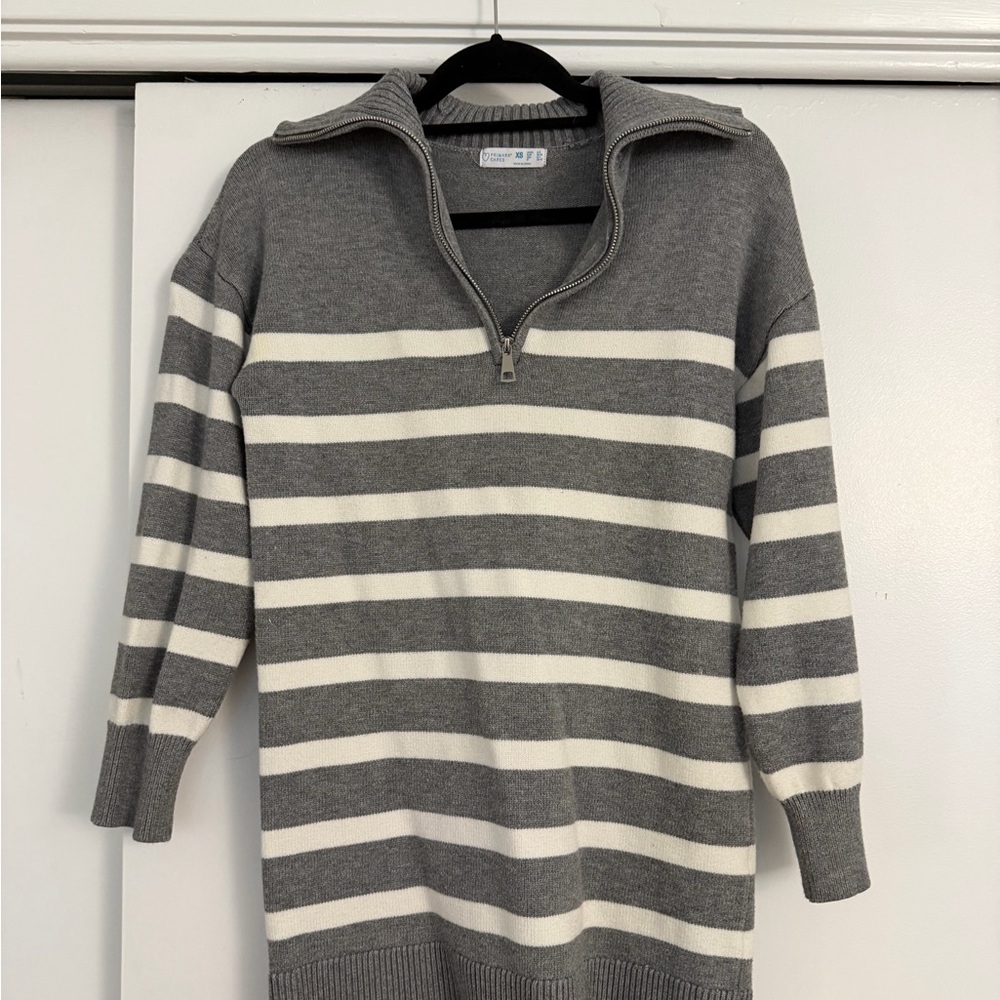 Primark Grey and White Striped Half-Zip Sweater